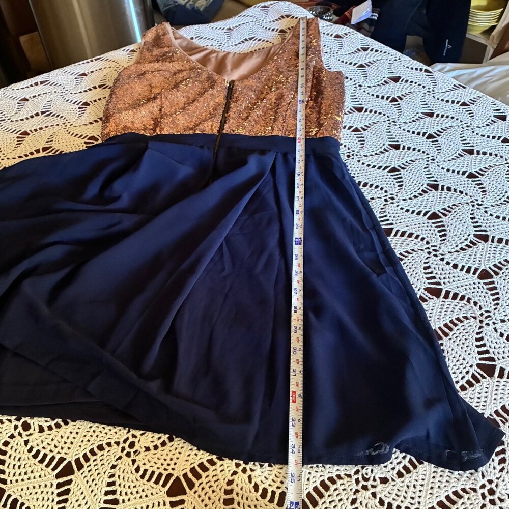 Rosette Rose Gold Sequin & Navy Chiffon Sleeveless Skater Dress Women's Large - Picture 10 of 15